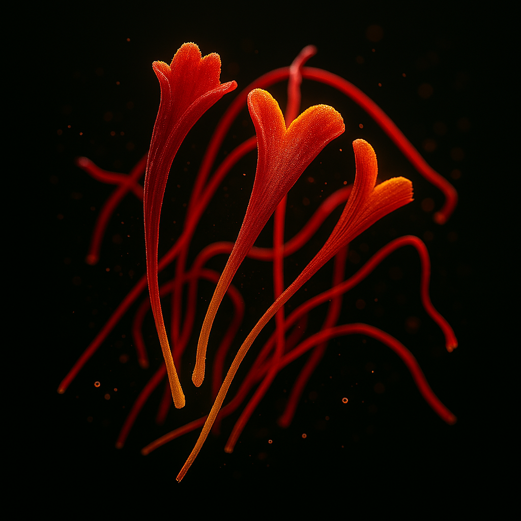 Abstract image of red and orange organic shapes on a dark background.