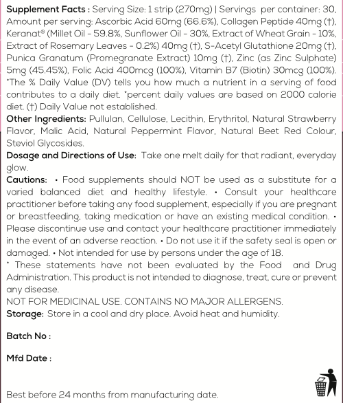 Supplement facts and ingredients label with dosage, cautions, and storage instructions.