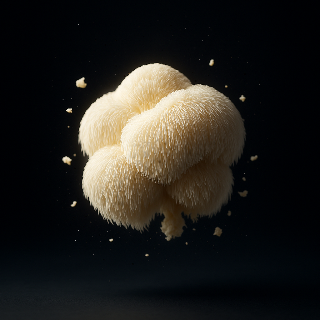 Close-up of a fluffy, cream-colored mushroom on a dark background.