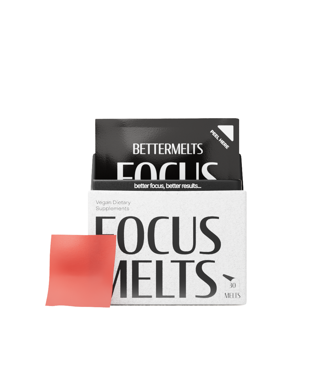 Box of Focus Melts vegan dietary supplements with a red square sheet.