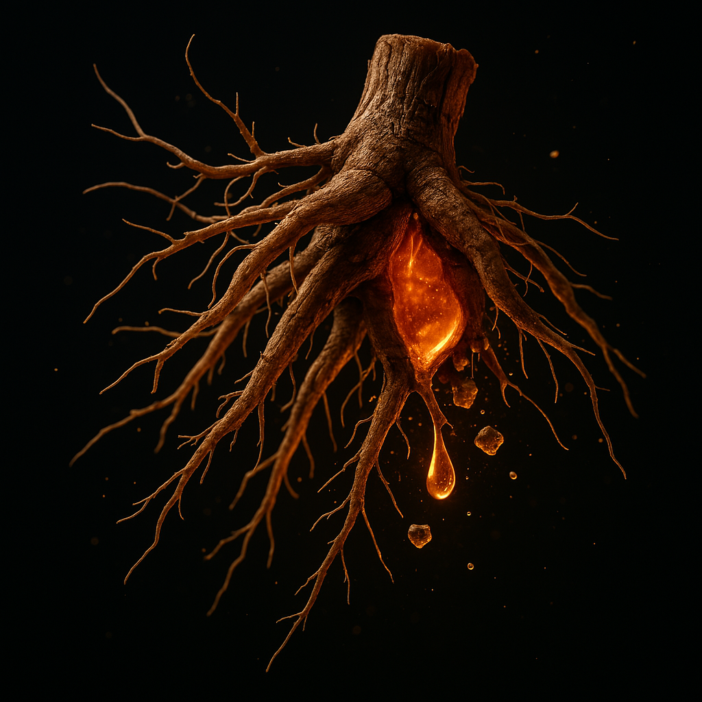 Tree root with glowing orange liquid dripping from the center.