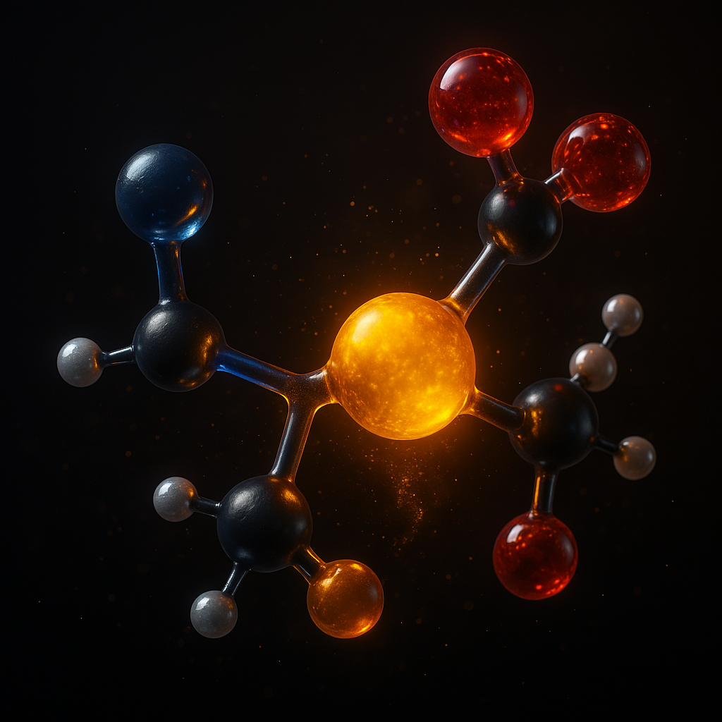 Colorful molecular structure with glowing spheres connected by rods.