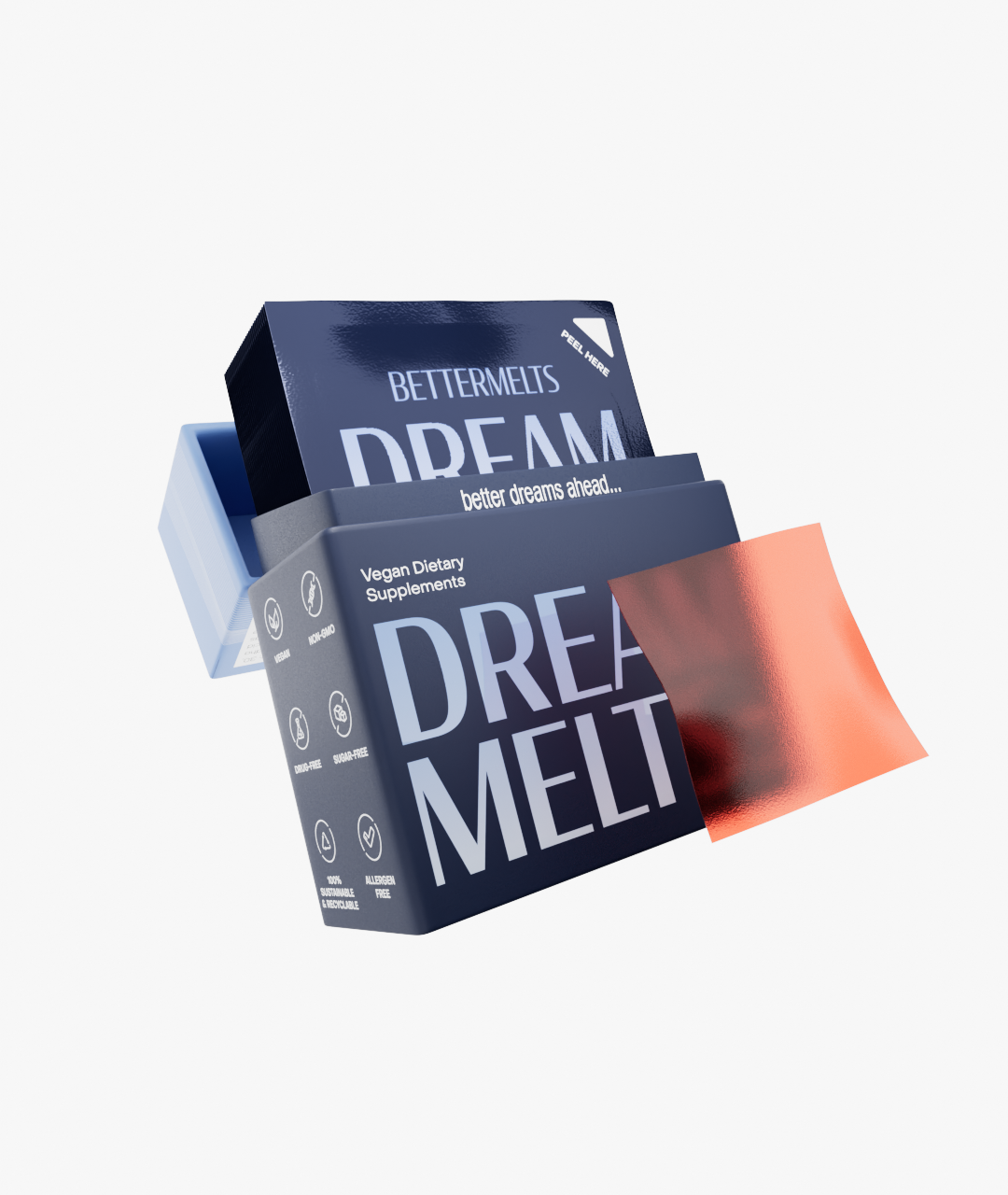 Packaging for vegan dietary supplements labeled 'BETTERMELTS DREAM MELT.'