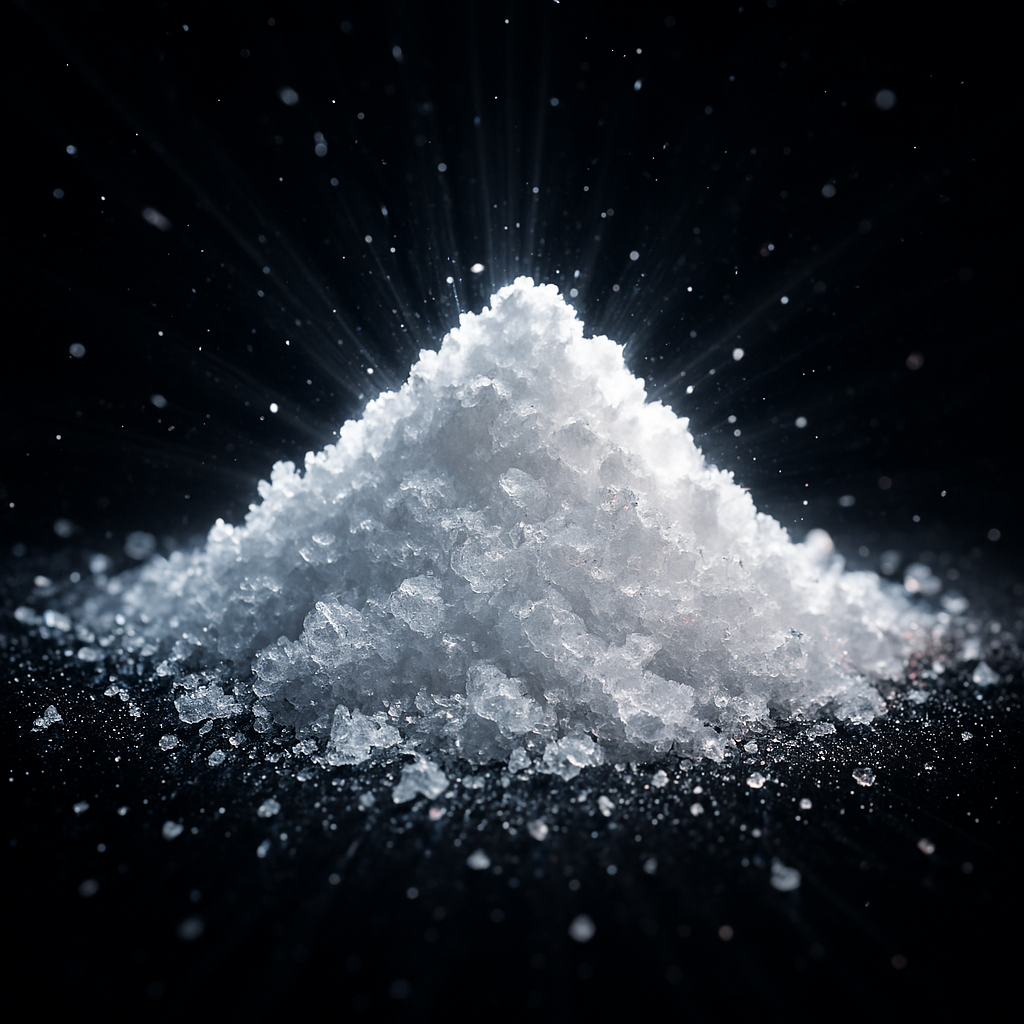 A pile of coarse white salt crystals on a dark background.