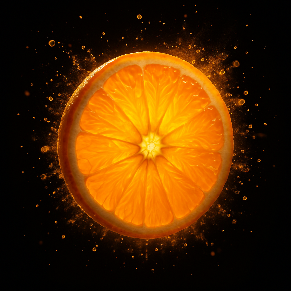 A vibrant orange slice with juice splashes on a black background.