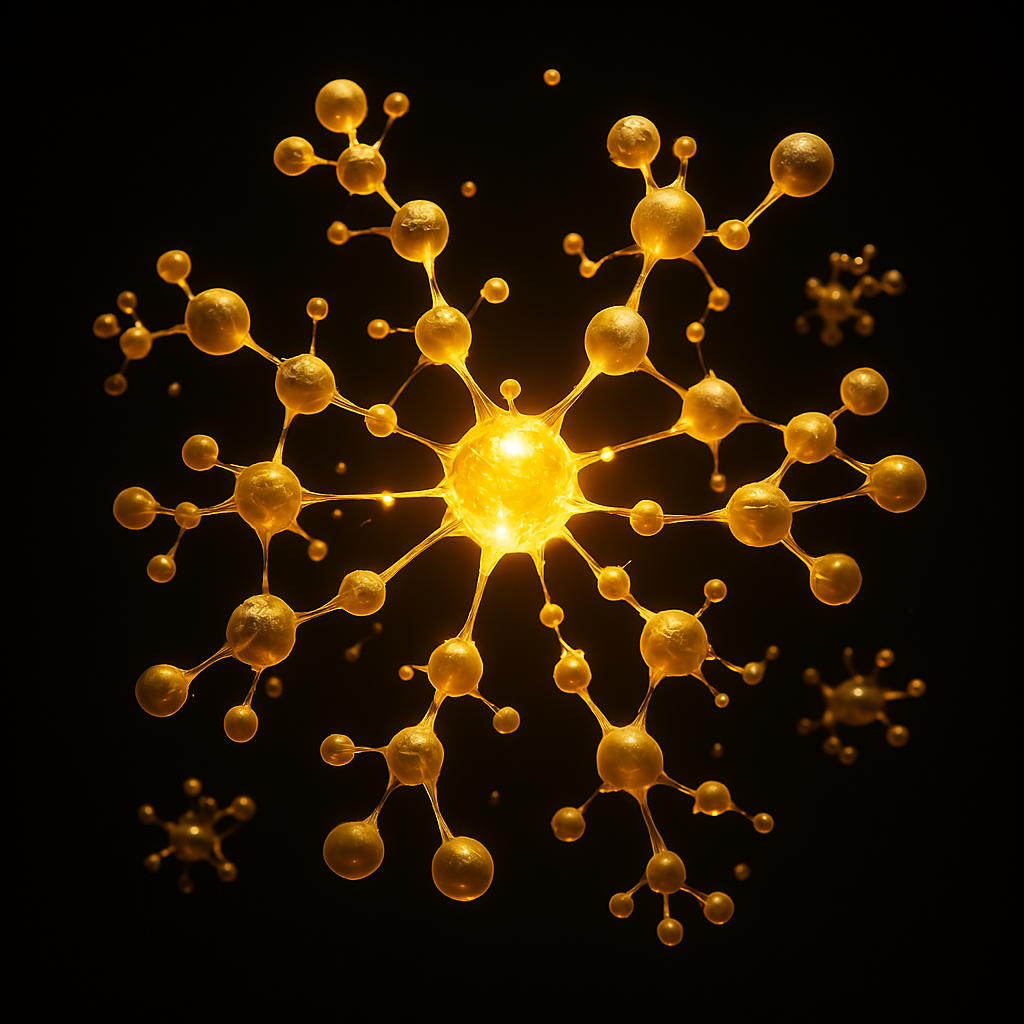 Glowing golden molecular structure on a dark background.