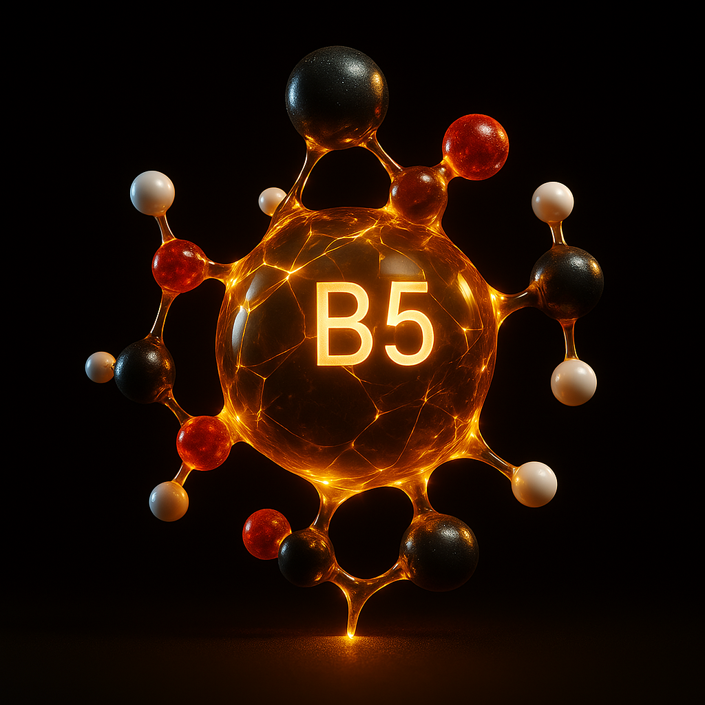 Glowing molecular structure with 'B5' in the center, surrounded by colored spheres.