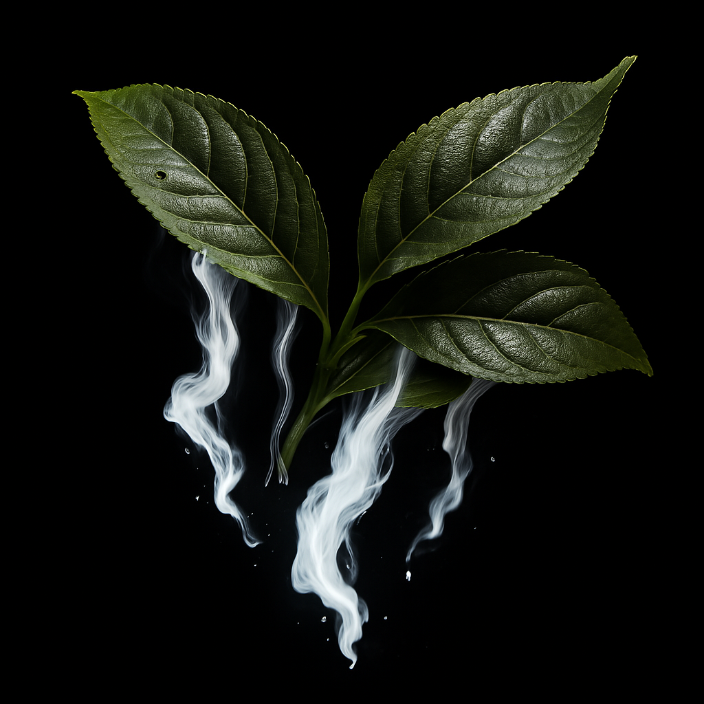 Green leaves with white smoke on a black background.