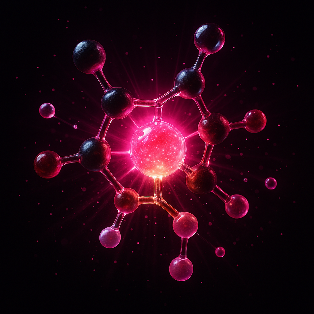 Glowing red molecular structure on a dark background.