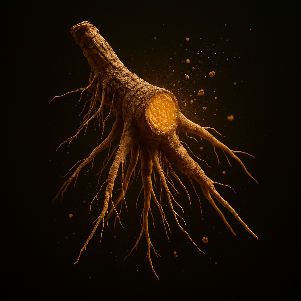 A detailed, floating root with a glowing orange core on a dark background.