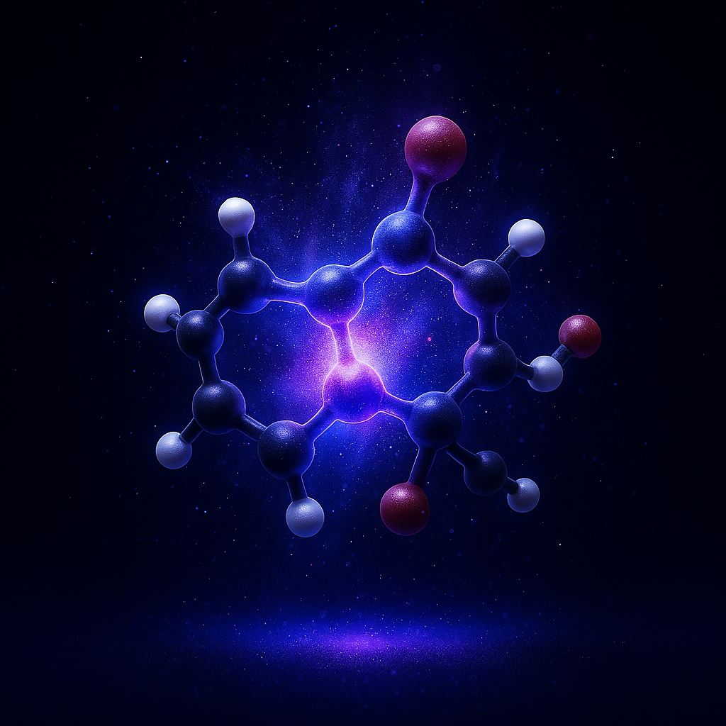 3D molecular structure with glowing purple background.