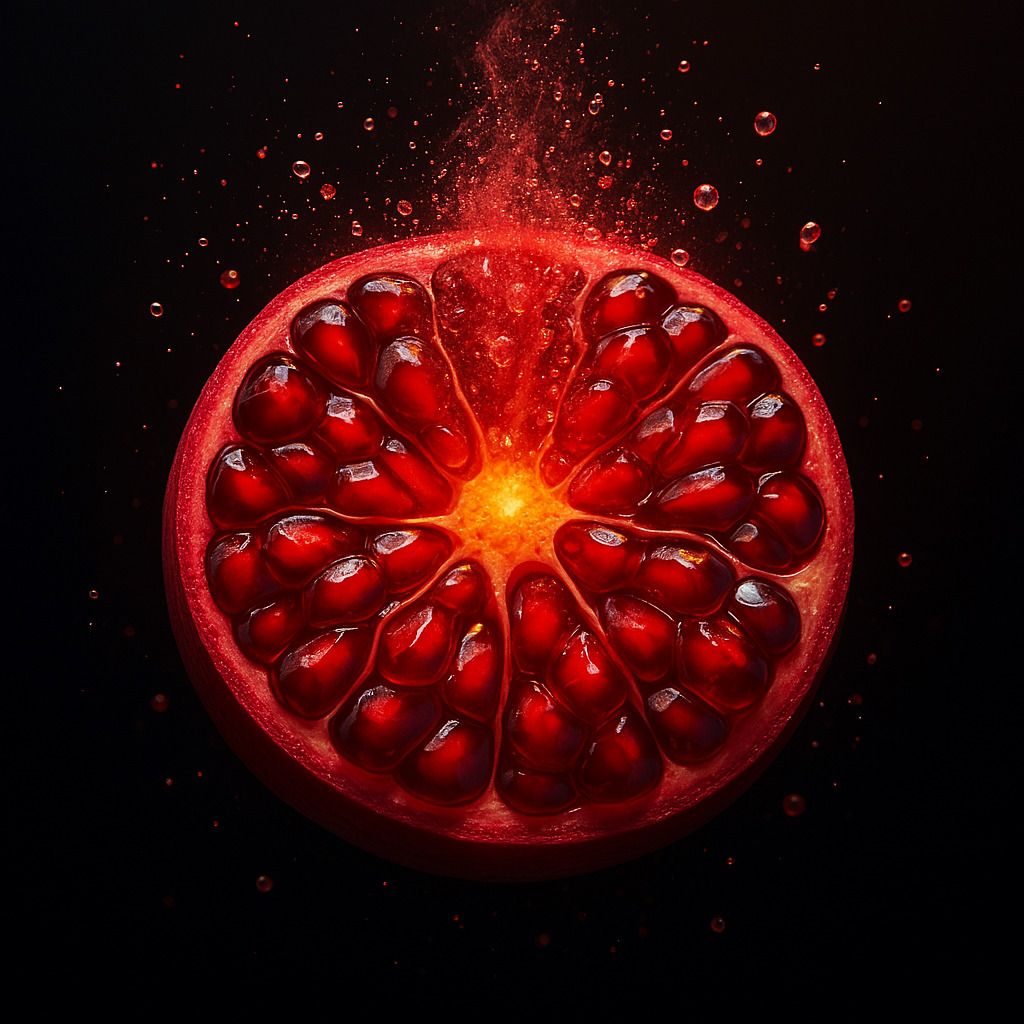 Close-up of a pomegranate half with seeds and juice droplets.