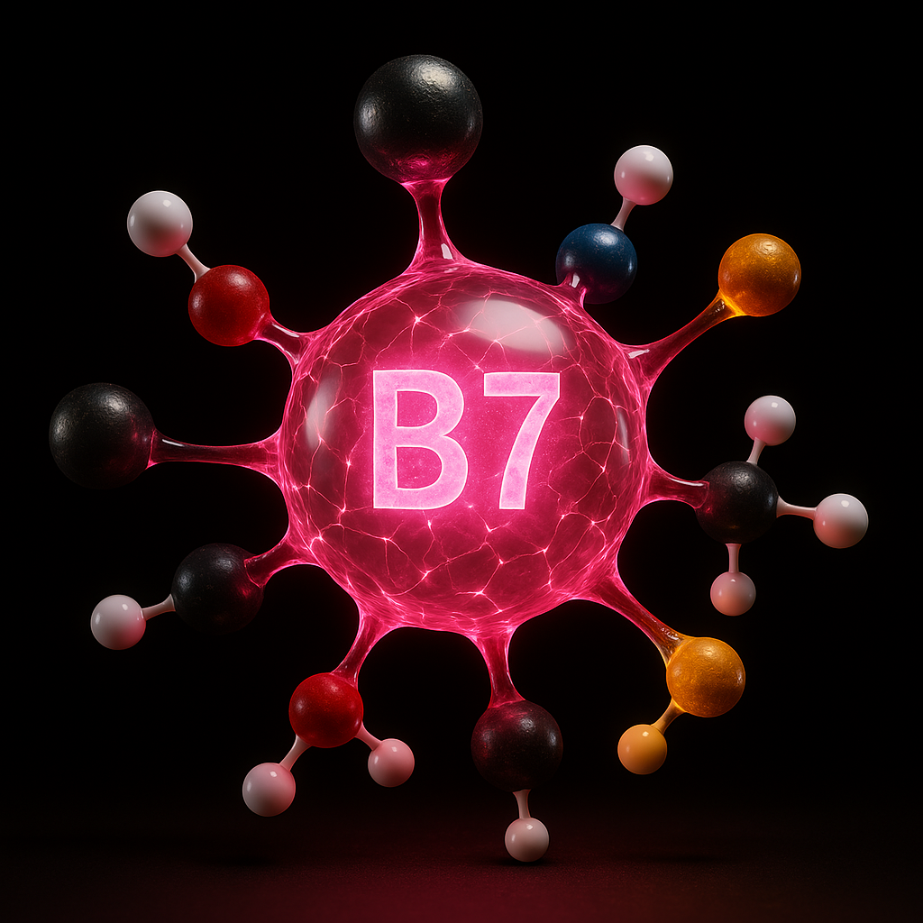 Glowing pink sphere with 'B7' and colorful molecular structures on a black background.