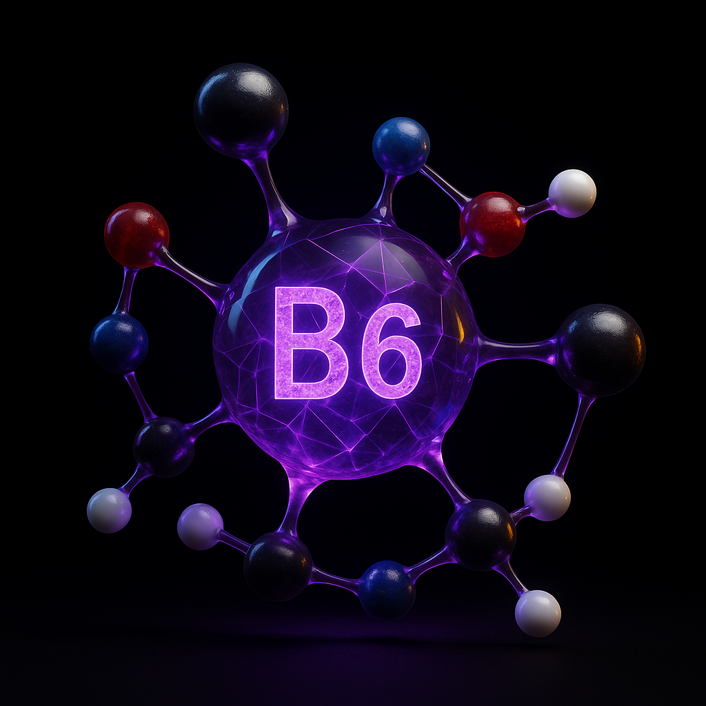 3D molecular structure with a glowing purple B6 in the center.