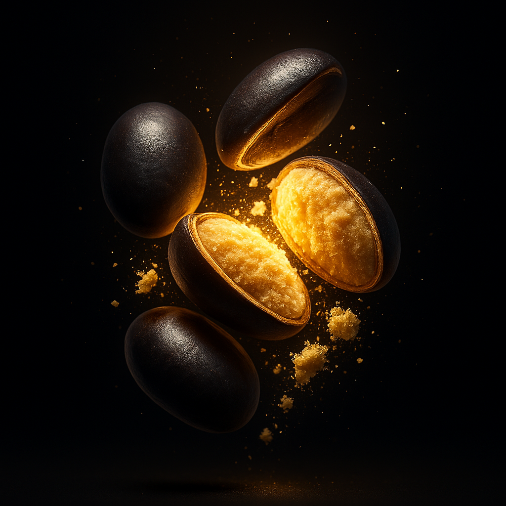Floating dark seeds with one cracked open, revealing glowing contents.