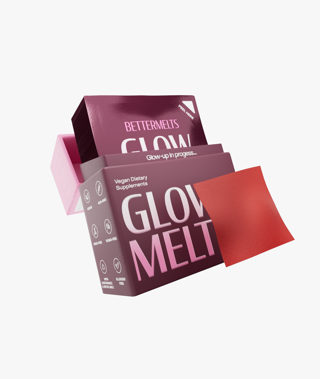 Packaging for vegan dietary supplements labeled 'Glow Melt' with a red square sheet.