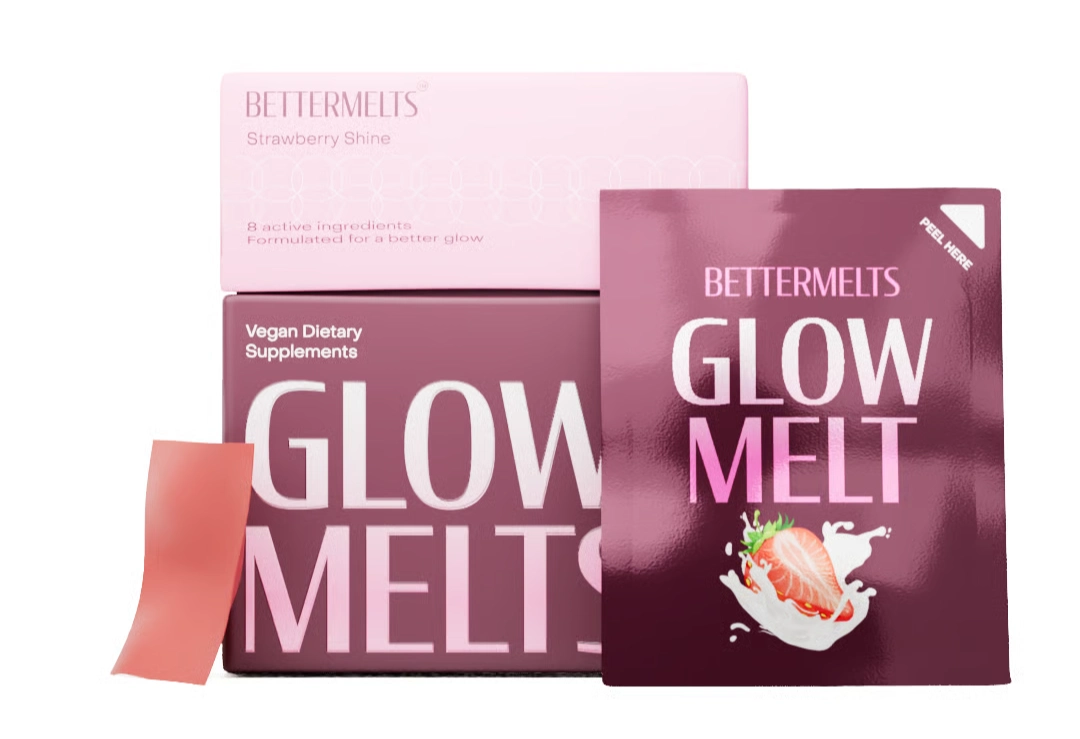 Glow Melt packaging with a strawberry graphic and pink color scheme.