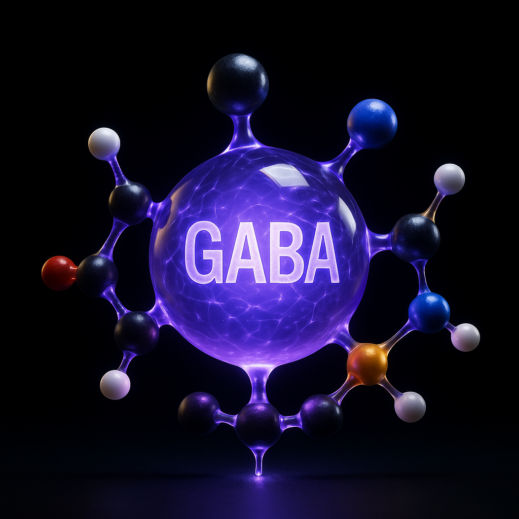 Illustration of a GABA molecule with colorful atoms on a black background.