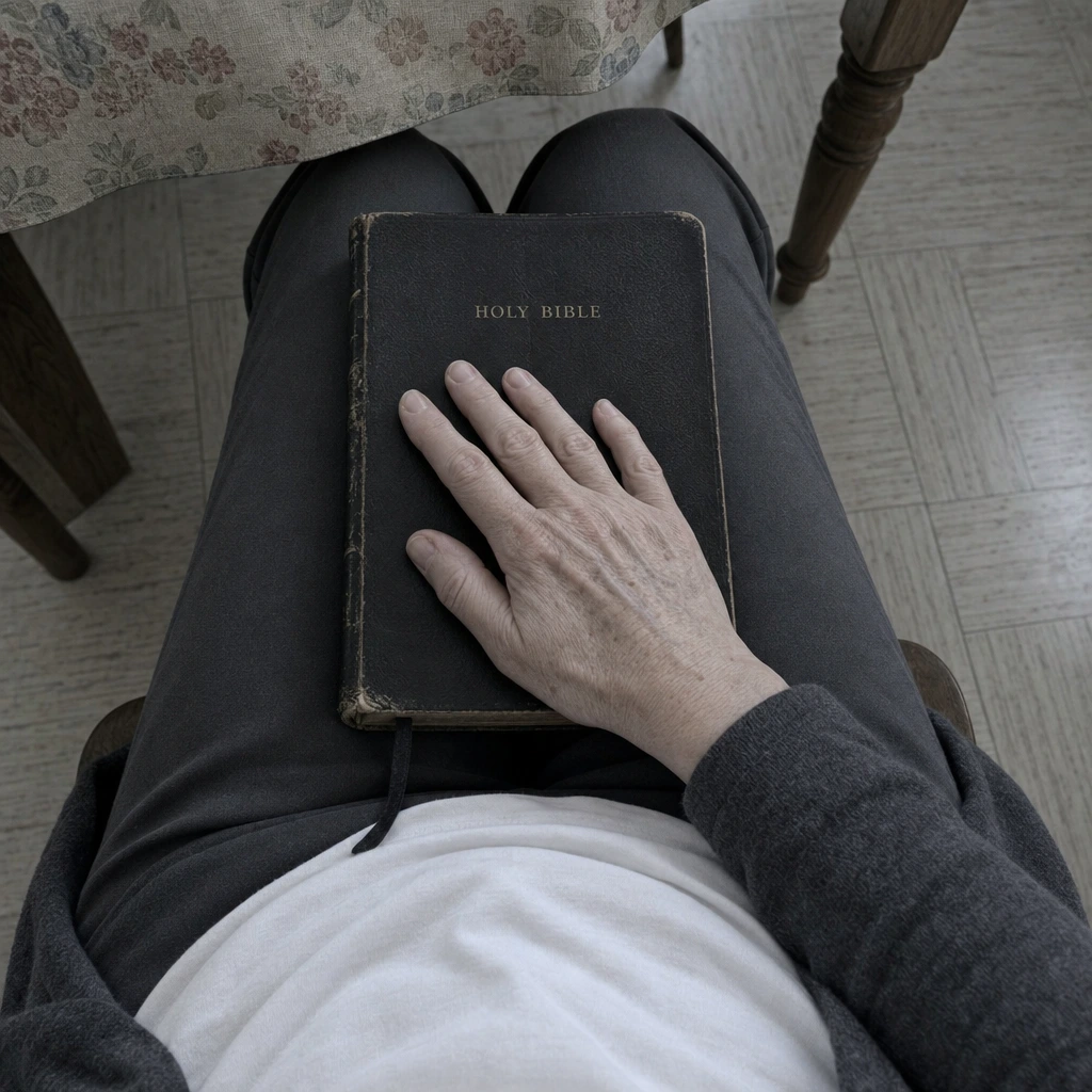 An overhead view of a person's hand resting on a Holy Bible in their lap.