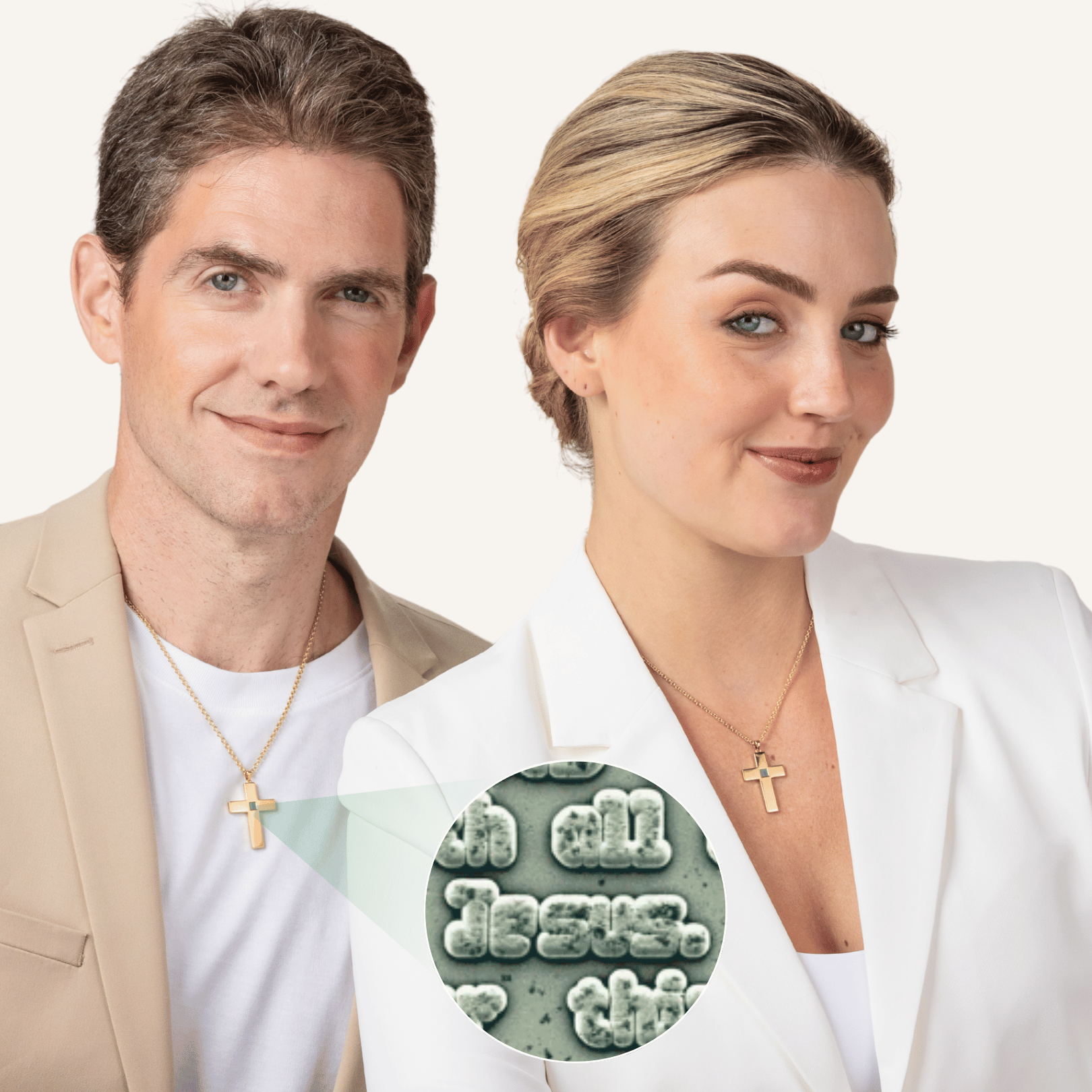 Two people wearing cross necklaces with a magnified text detail.