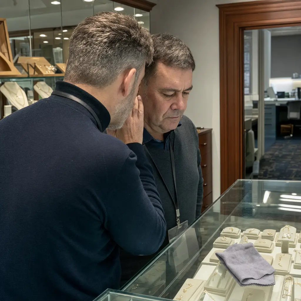 Two men stand over a jewelry display case, with one whispering into the other's ear.