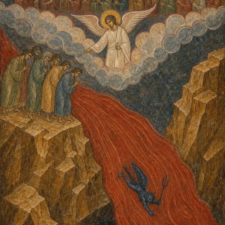 A religious icon depicting an angel pointing as a demon is cast into a river of fire.