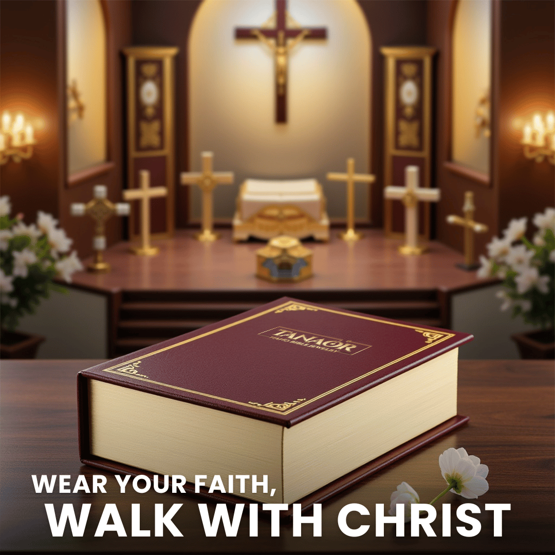A Bible on a table in a church with crosses and flowers.