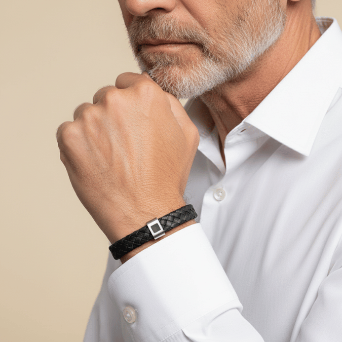 Man wearing a white shirt and a black braided bracelet, hand near chin.