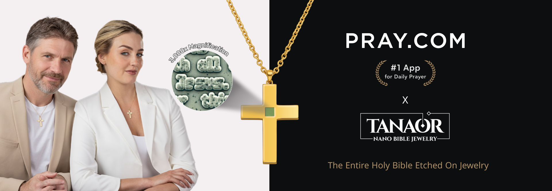 Man and woman wearing cross necklaces, with magnified text and jewelry branding.
