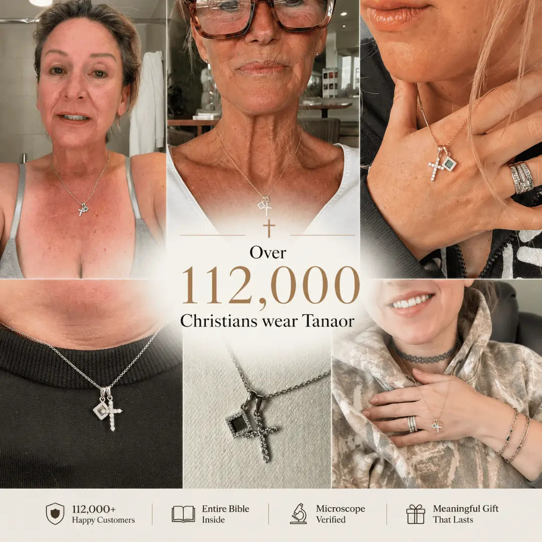 A collage showing different women wearing Tanaor cross necklaces, with text about the product.