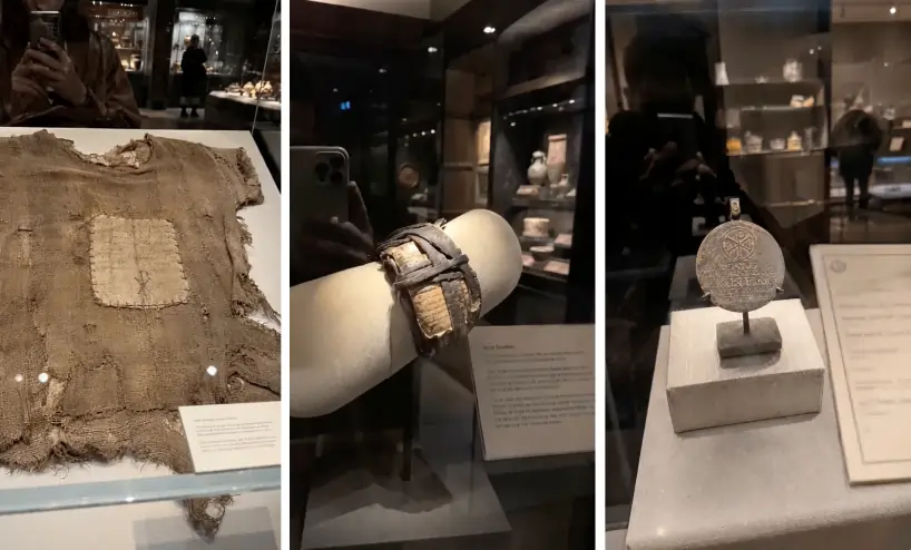 A three-panel image showing museum artifacts: a tattered tunic, a leather armlet, and an inscribed medallion.