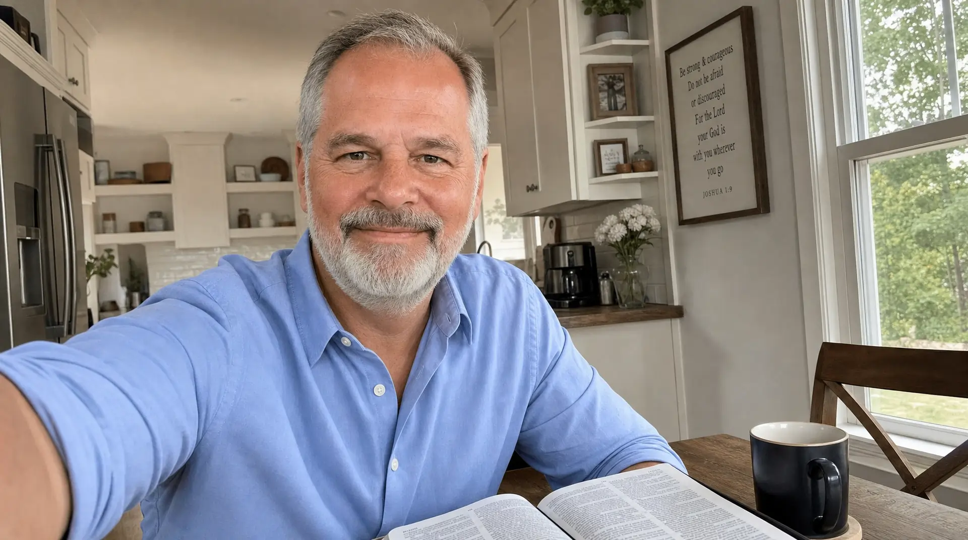 A smiling man with a gray beard sits at a kitchen table with an open book and a mug.
