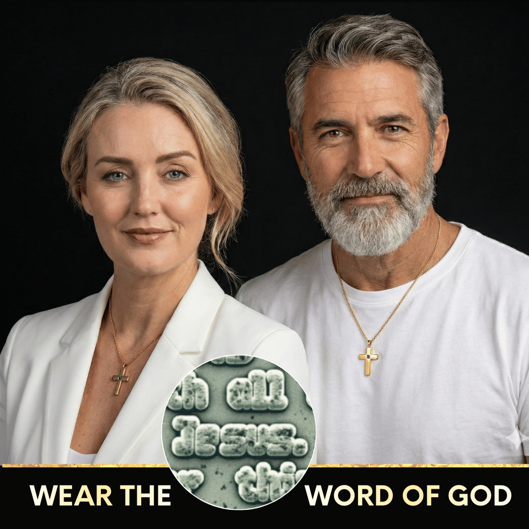 Portrait of a woman and man wearing necklaces with cross pendants. Text: 'Wear the Word of God.'