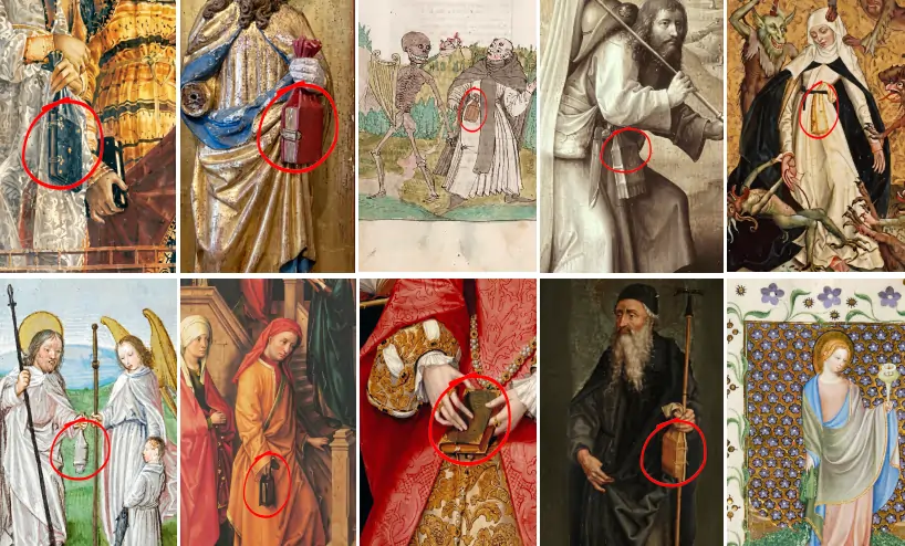 A collage of ten historical artworks, with red circles highlighting books carried or worn by the figures.