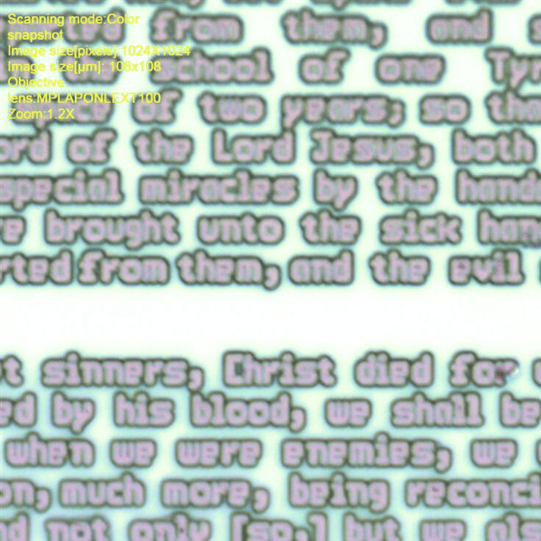 Blurry text with overlayed scanning mode and lens information.