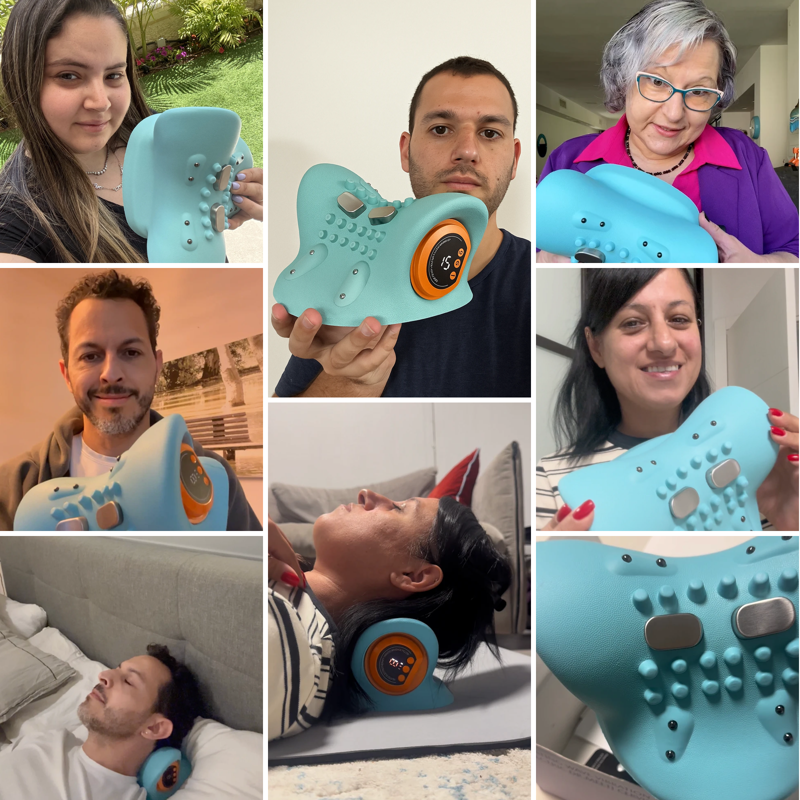 A photo collage showing various people holding and using a light blue electronic neck massager.