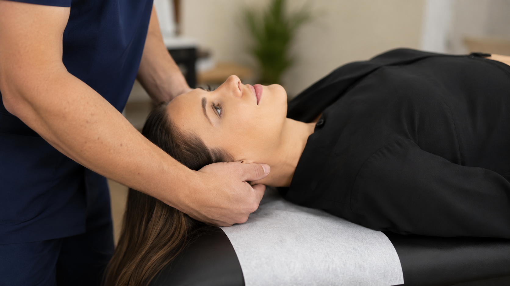 A therapist in blue scrubs holds the head of a woman lying on a treatment table.
