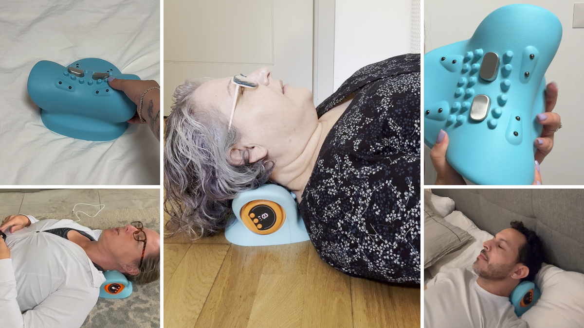 A photo collage of several people using a blue electronic neck massage and stretching device in different settings.