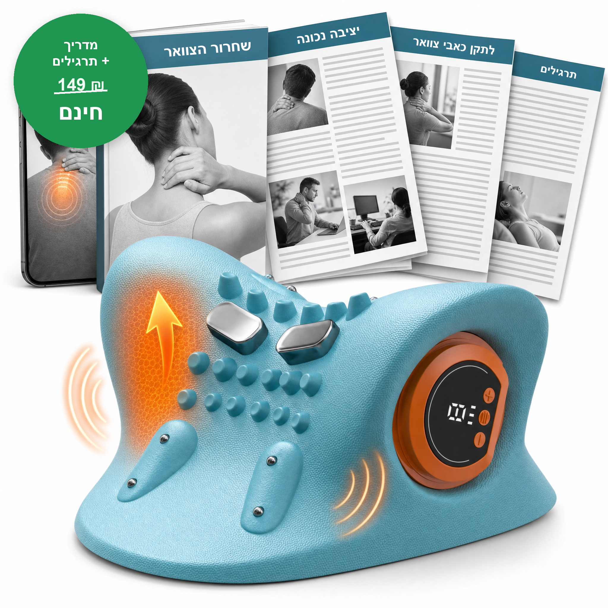 A blue electronic neck massager with a digital display, shown with several informational booklets and a smartphone.