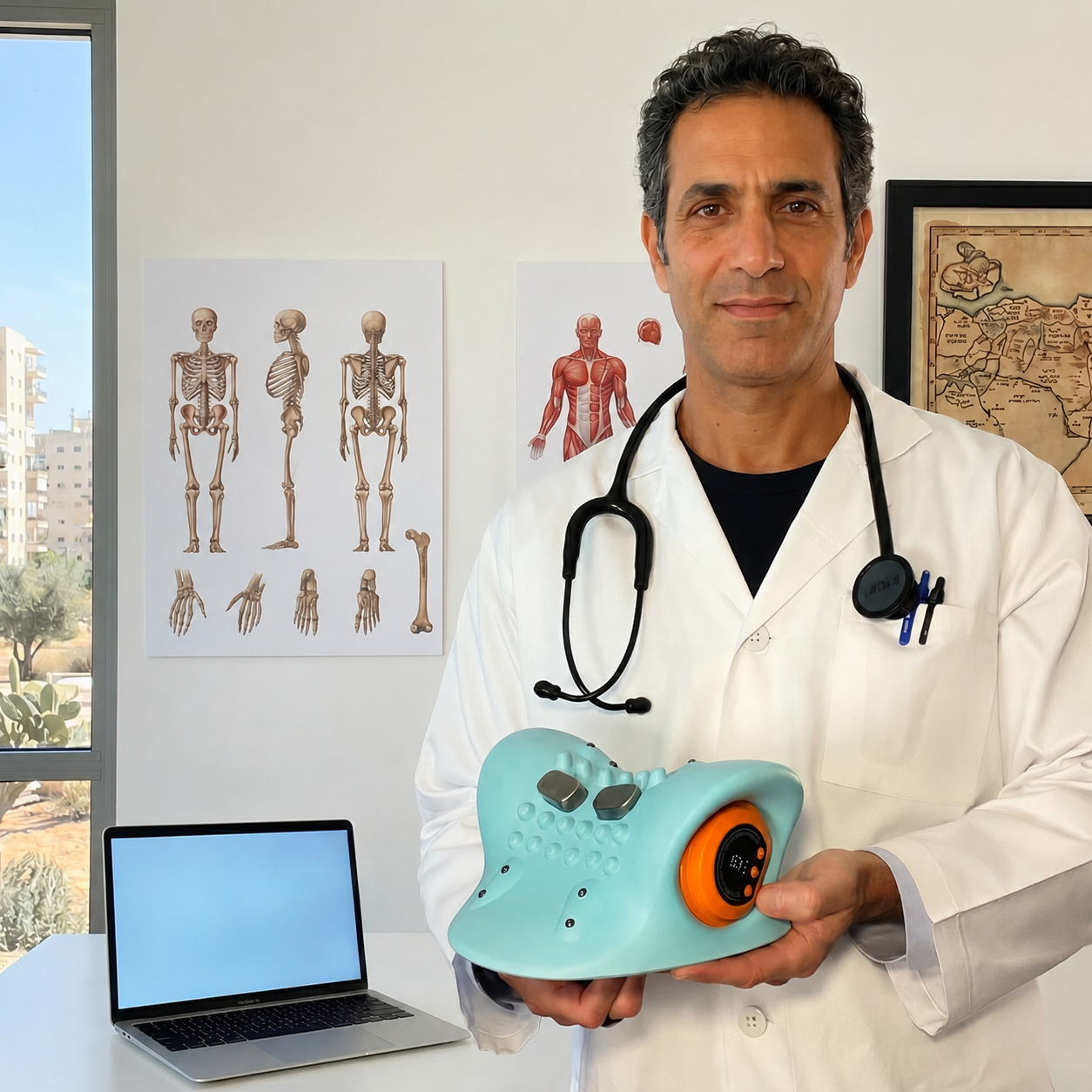A doctor in a lab coat holds a light blue therapeutic neck device in an office.