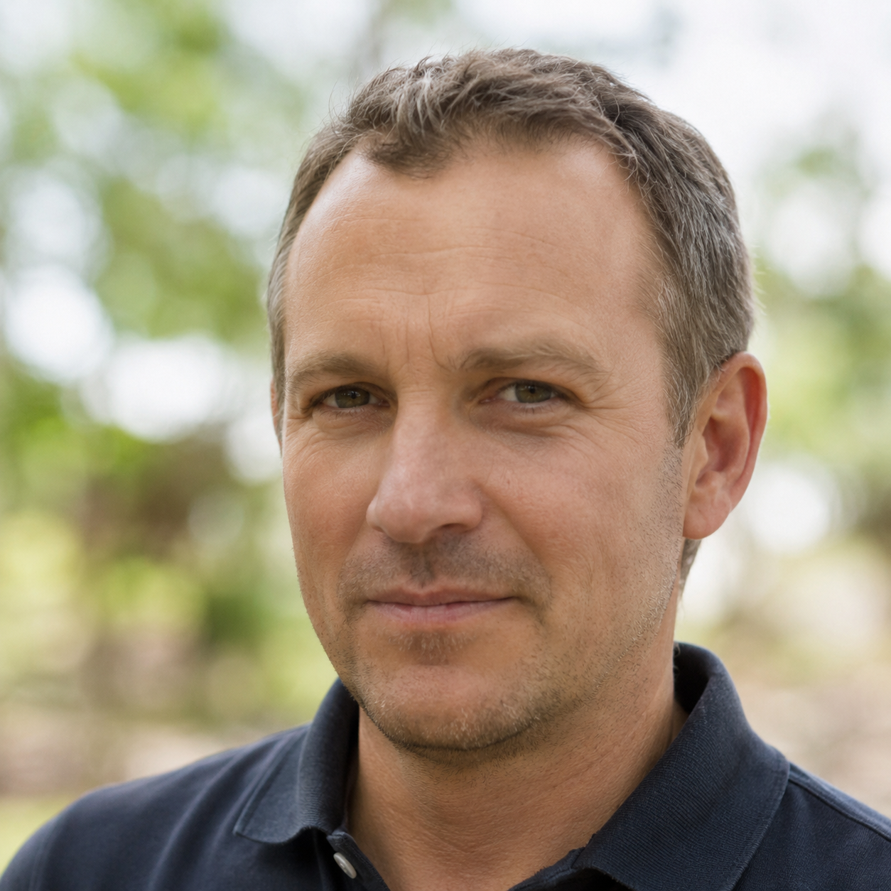 A close-up portrait of a middle-aged man with short brown hair in a dark polo shirt.