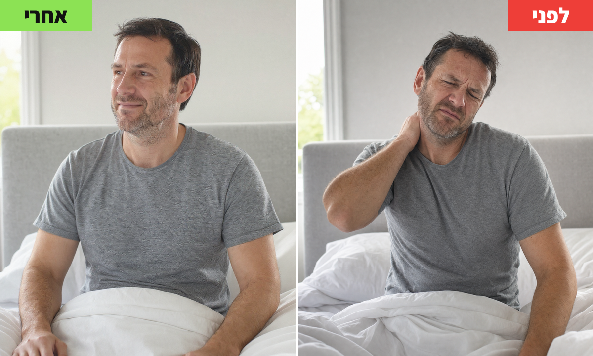 A before-and-after comparison showing a man in bed with neck pain, and then looking relaxed and pain-free.