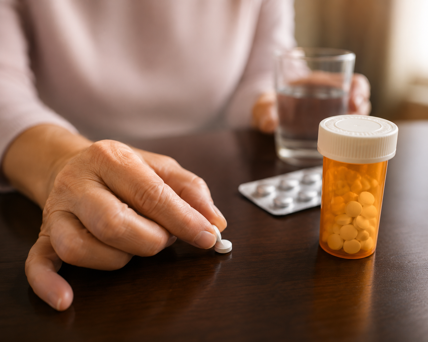A person's hand picks up a white pill from a table next to a pill bottle.