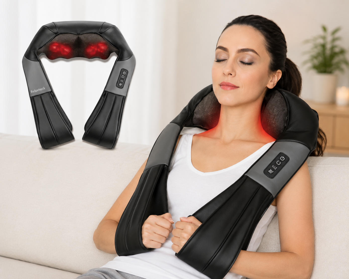 A woman relaxes on a couch using a heated neck massager, next to a product shot.