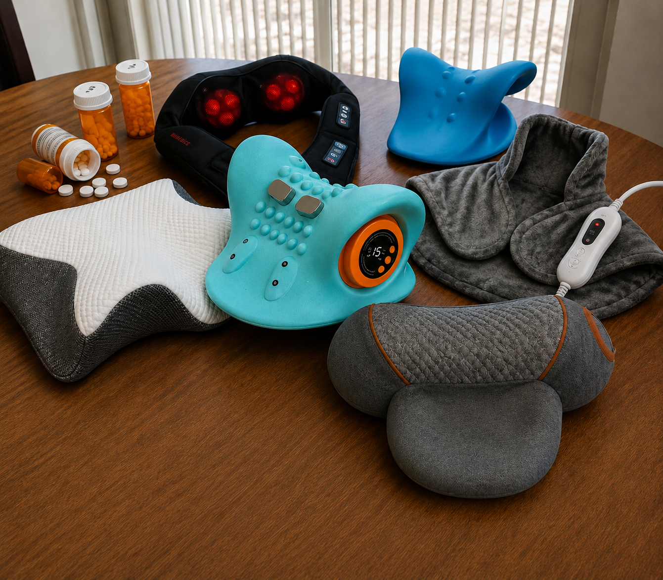 Various neck pain relief products, including massagers, pillows, and medication, arranged on a wooden table.