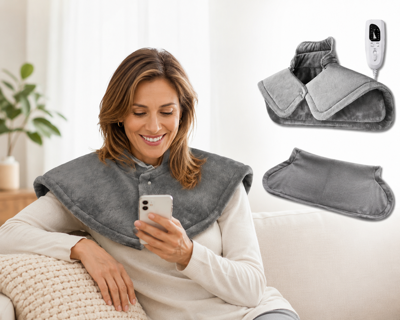 A woman sits on a couch wearing a grey heating pad while looking at her phone; product images are inset.