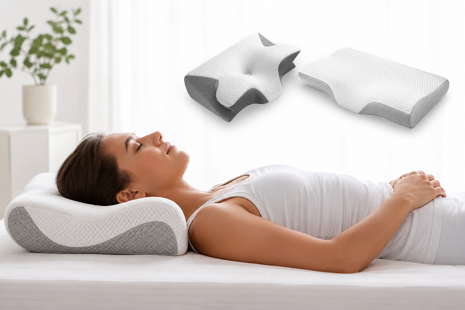 A woman lies on her back in bed using a contoured white and grey ergonomic pillow.
