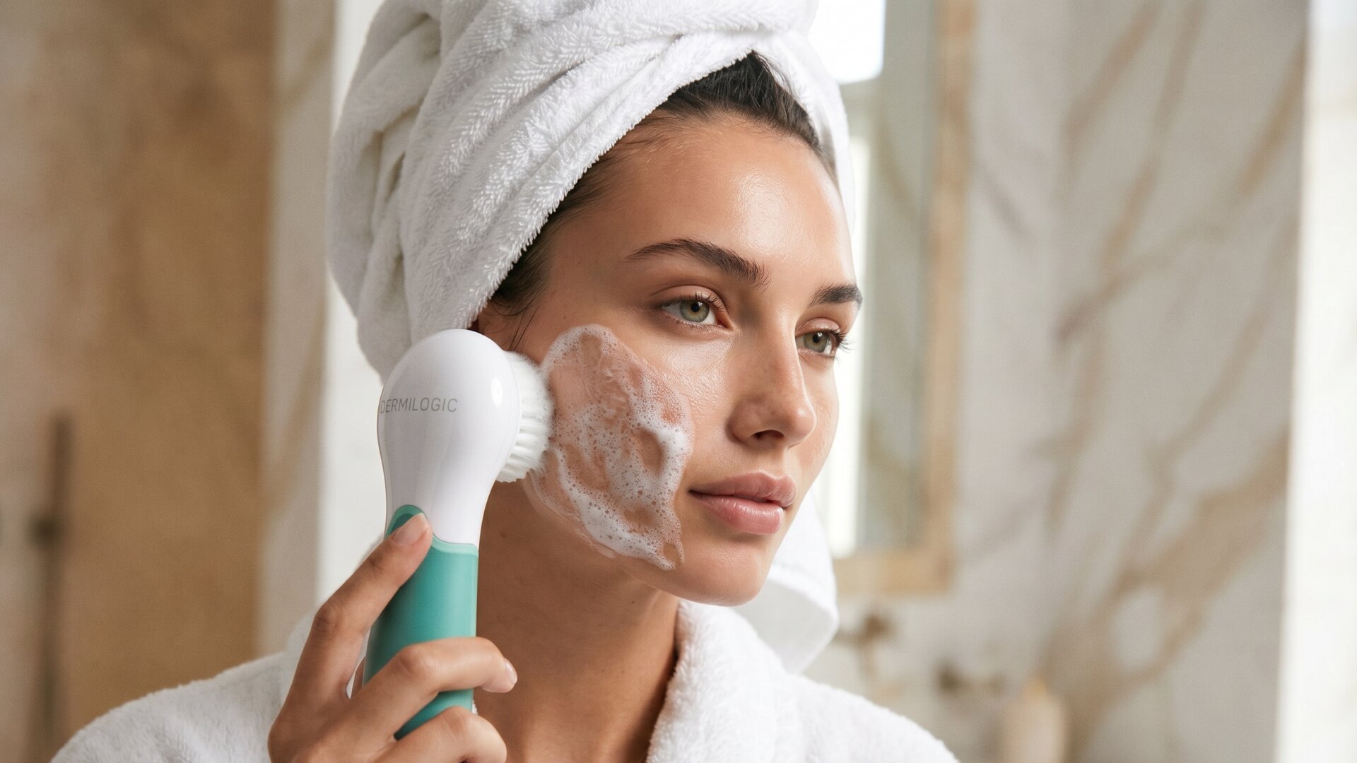 A woman with a towel wrapped around her head uses an electric brush to wash her face.