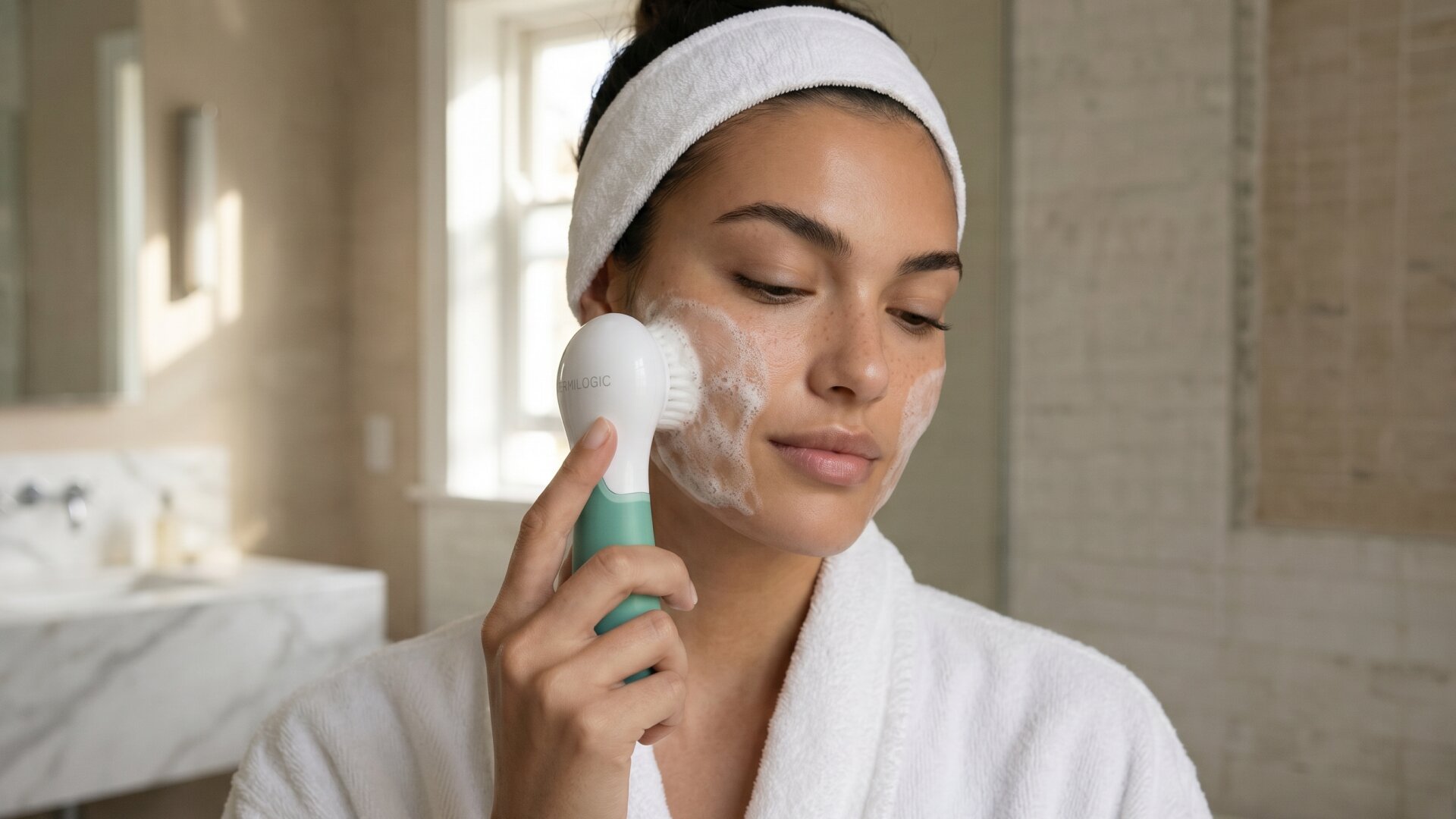 A woman in a white bathrobe and headband uses an electronic brush to wash her face.