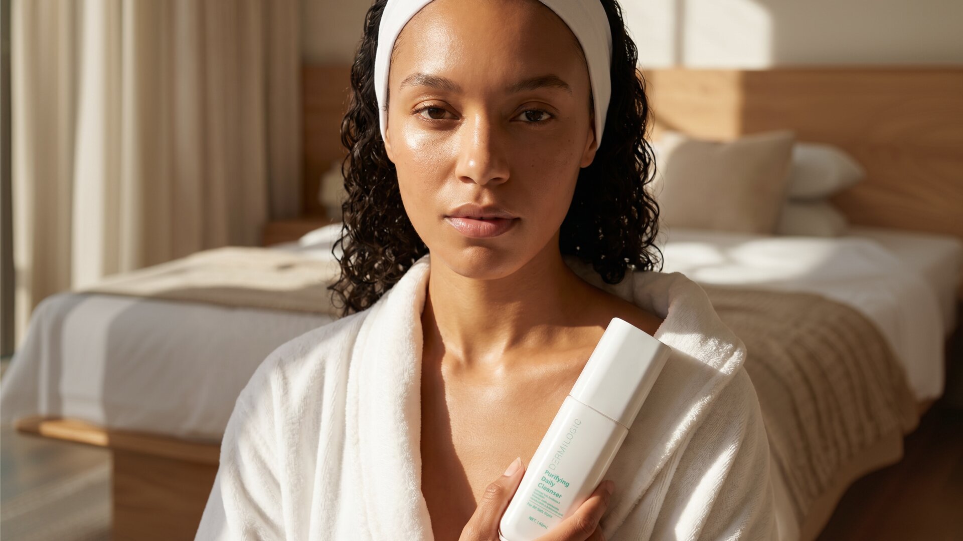 A woman in a white robe and headband holds a bottle of skincare product in a bedroom.